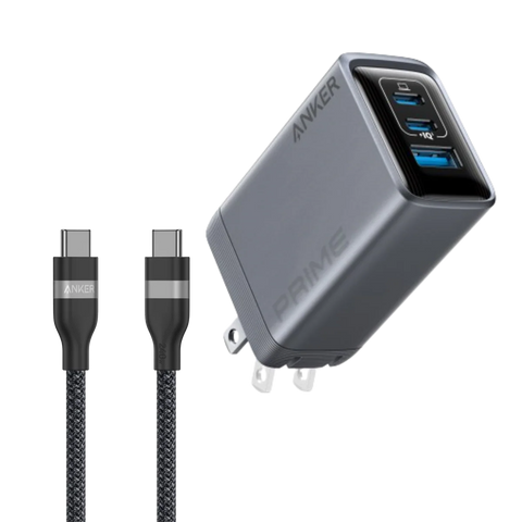 Anker Prime Charger (100W, 3 Ports, GaN) and Anker USB-C to USB-C Cable (3 ft / 6 ft, 240W, Upcycled-Braided)
