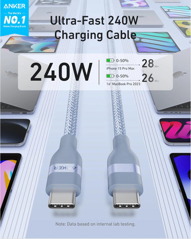 Anker USB-C to USB-C Cable (3 ft / 6 ft, 240W, Upcycled-Braided)