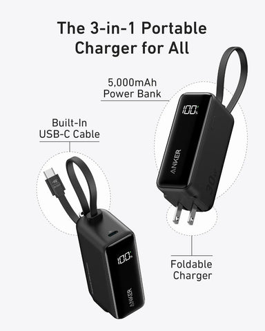 Anker Power Bank (30W, 5k,  Fusion, Built-In USB-C Cable)