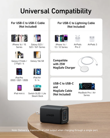 Anker 523 Charger (Nano 3, 47W) and New Nylon USB-C to USB-C 100W Cable (10 ft)