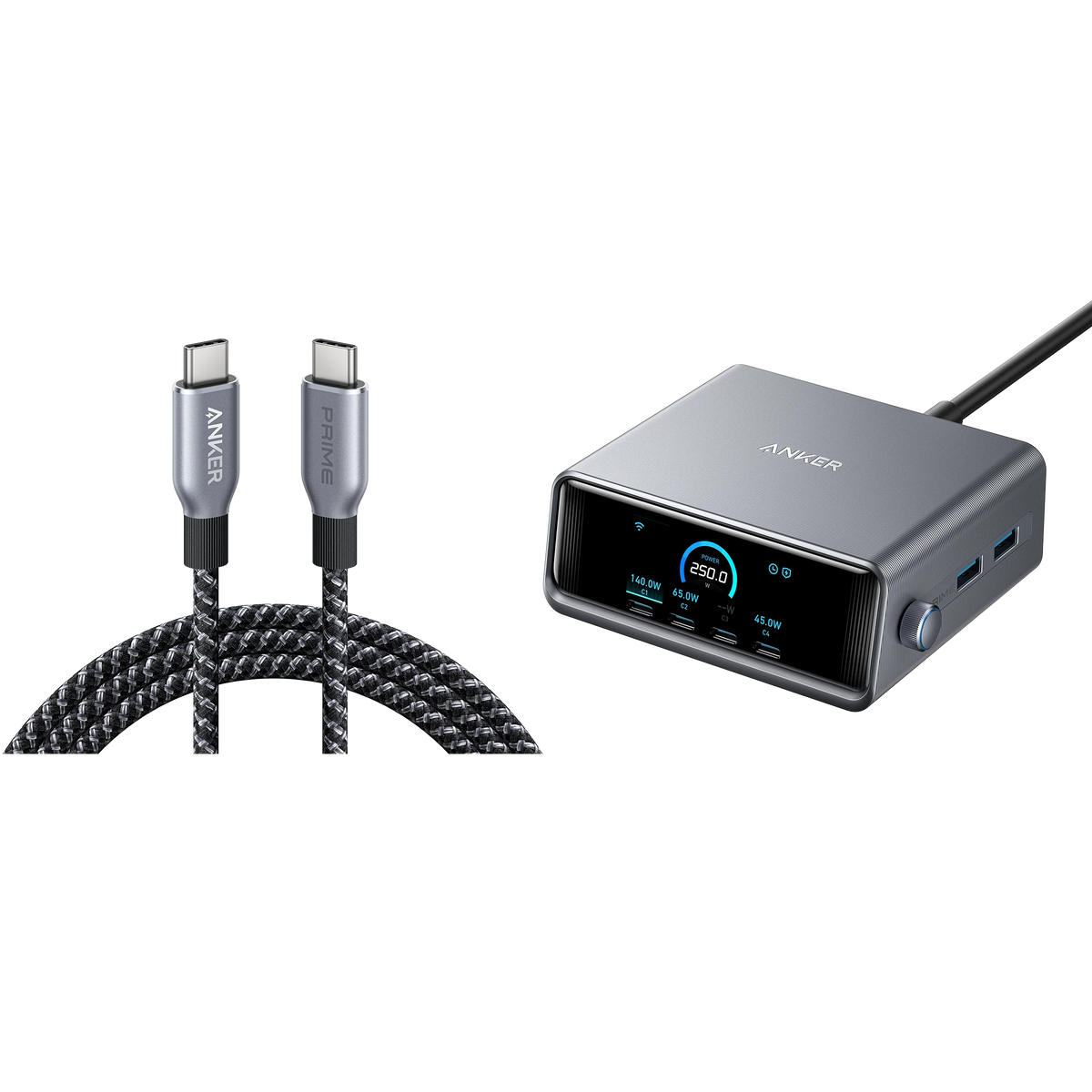 Anker Prime Charger (250W, 6 Ports, GaNPrime) with USB-C to USB-C Cable (240W)
