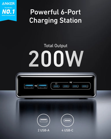 Anker Prime Charger (200W, 6 Ports, GaN) and USB-C to USB-C 100W Cable (10 ft)