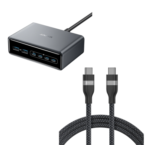 Anker Prime Charger (200W, 6 Ports, GaN)  and Anker USB-C to USB-C Cable (6 ft, 240W, Upcycled-Braided)