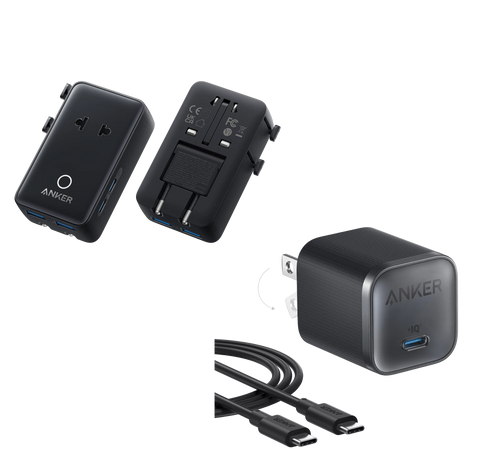 Anker Nano Travel Adapter (5-in-1, 20W, 1-Pack) and Anker Nano Charger (45W) with USB-C to USB-C Cable
