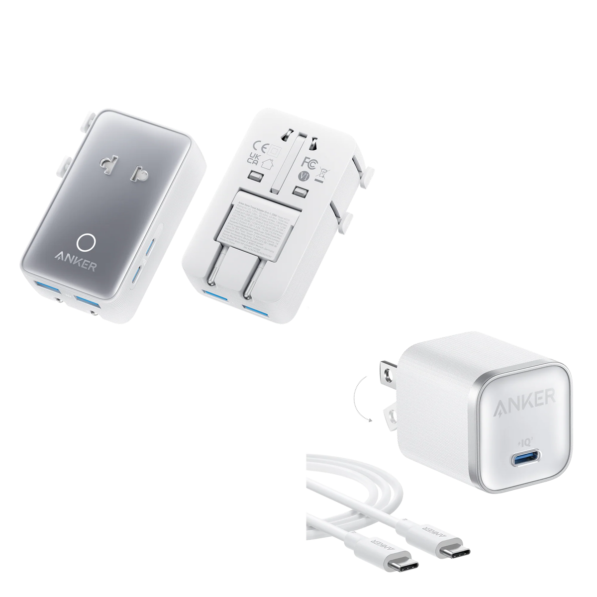 Anker Nano Travel Adapter (5-in-1, 20W, 1-Pack) and Anker Nano Charger (45W) with USB-C to USB-C Cable