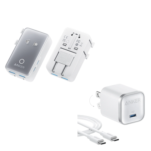 Anker Nano Travel Adapter (5-in-1, 20W, 1-Pack) and Anker Nano Charger (45W) with USB-C to USB-C Cable