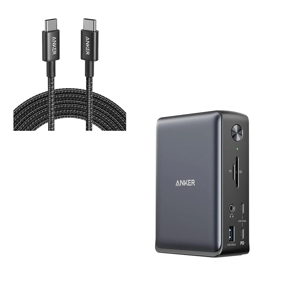 Anker 575 USB-C Docking Station (13-in-1) and New Nylon USB-C to USB-C 100W Cable (10 ft)